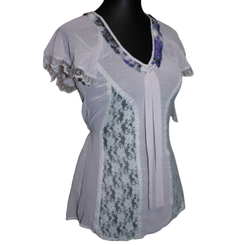Sheer Lace Trim Ruffle Blouse Gray Fairy Coquette core Top